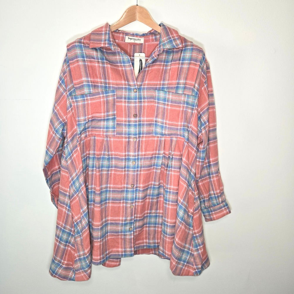 Impressions Plaid Tunic Womens Large Coral Blue Button Up Babydoll ED1158-01